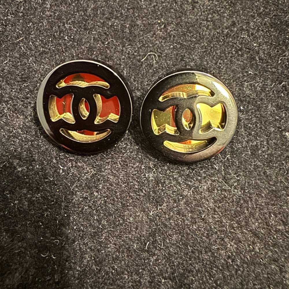 CHANEL Black and Gold Logo Earrings